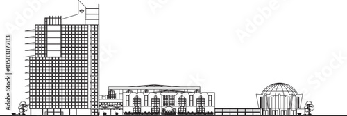 Vector sketch illustration of the architectural design silhouette of the exterior of a modern shopping mall building facade