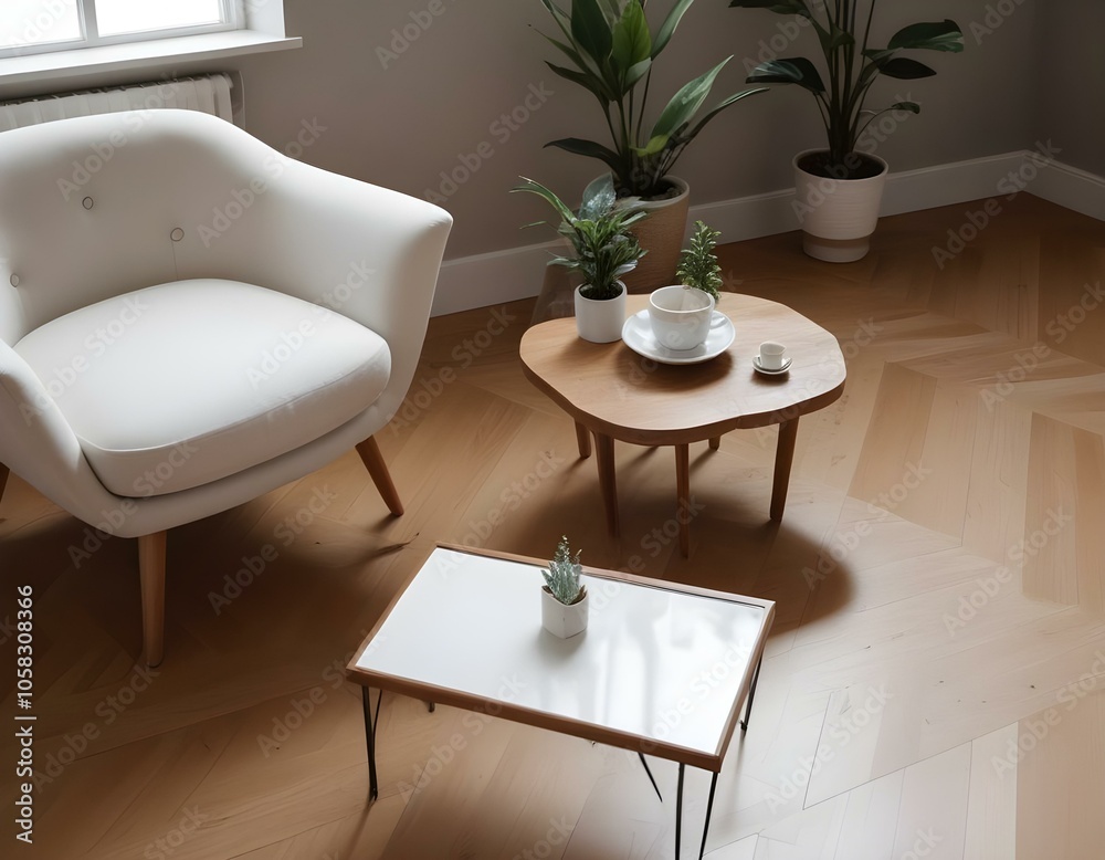 Fototapeta premium A minimalist living room with a white armchair, a small wooden coffee table, and some plants and decorations on the floor.
