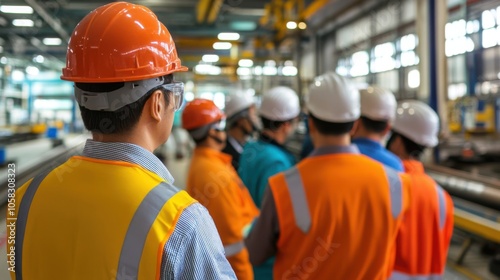 Safety briefing in a workshop, with workers listening to instructions