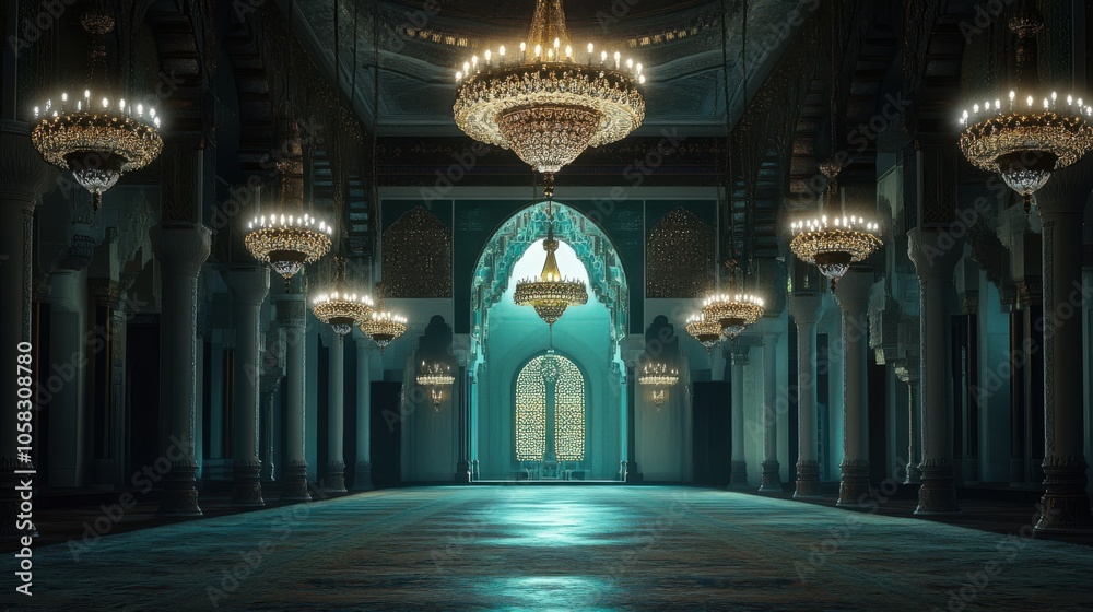 Obraz premium The interior of a mosque with ornate chandeliers casting soft light