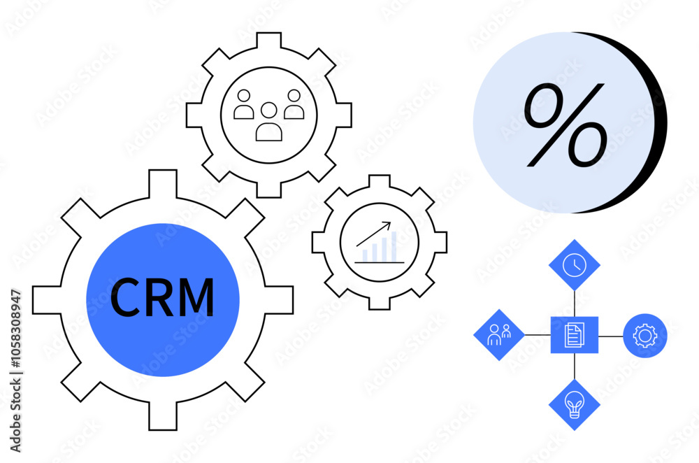 CRM within gears, symbols showing user management, data analysis, percentage, and interconnected elements. Ideal for business, technology, marketing, sales, customer service, productivity, and data CRM within gears, symbols showing user management, data analysis, percentage, and interconnected elements. Ideal for business, technology, marketing, sales, customer service, productivity, and data