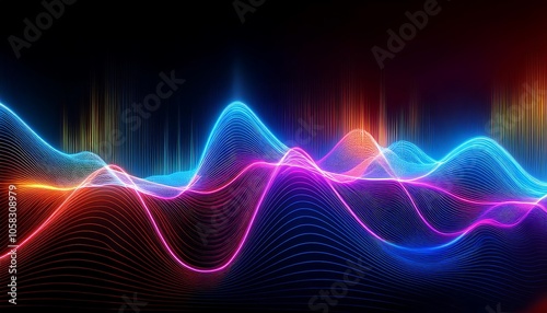 Glowing neon waves pulsing in an equalizer pattern against a dark background, creating a vibrant visual rhythm. Generative AI