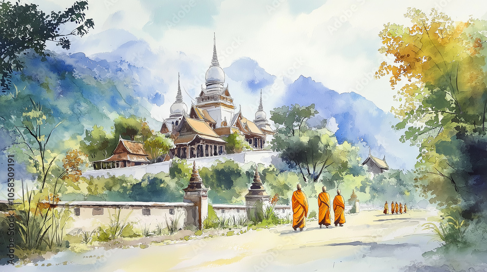 Naklejka premium Watercolor of Wat Arun Temple on the Chao Phraya River