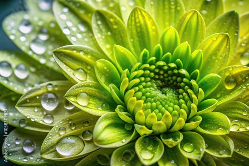 Close-up of a chartreuse flower with dew drops and leaves dripping off its petals, organic, foliage, leaves, flower, garden photo