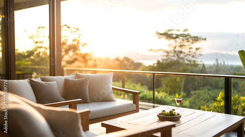 Sofa and pillows on terrace with view of nature