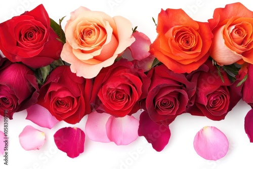 A vibrant arrangement of roses with scattered petals, ideal for decoration or gifting.