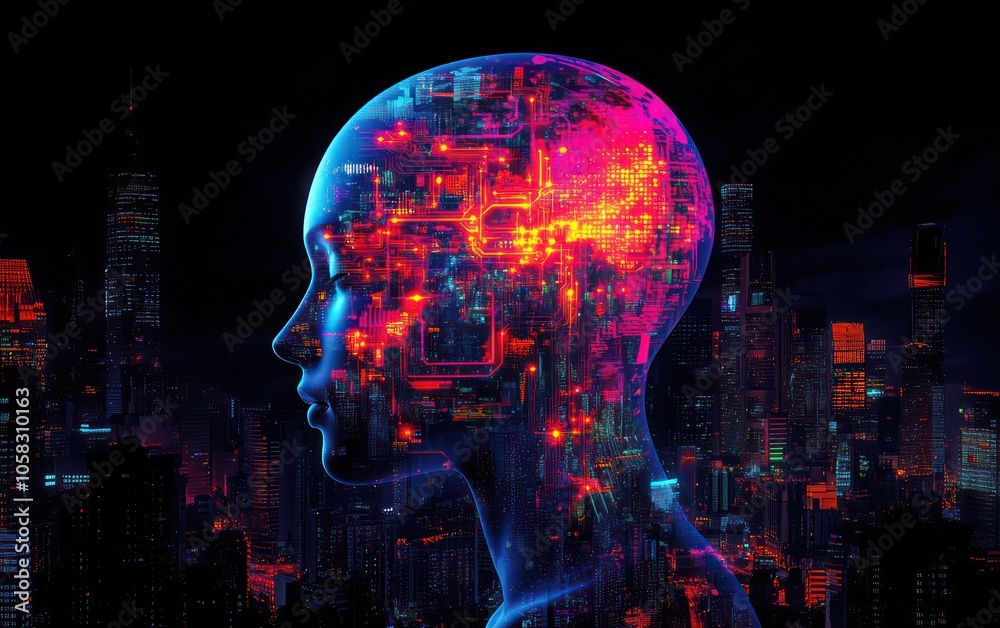Digital Human Head with Cityscape and Neural Circuitry