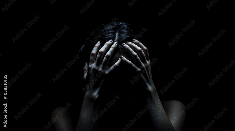 person expressing distress with hands on their head in low light person expressing distress with hands on their head in low light
