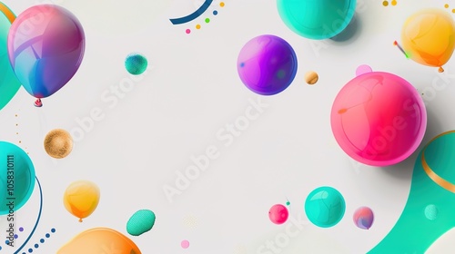 White background with colorful balloons floating creates a whimsical and enchanting scene. A delightful blend of purity and celebration, perfect for adding a touch of magic to any project.