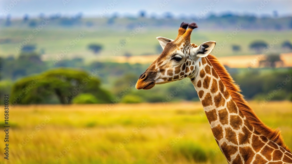 Obraz premium Close-up of a giraffe's spotted fur with blurred background of open savannah, spotted fur, blurred background, giraffes, savannah landscape