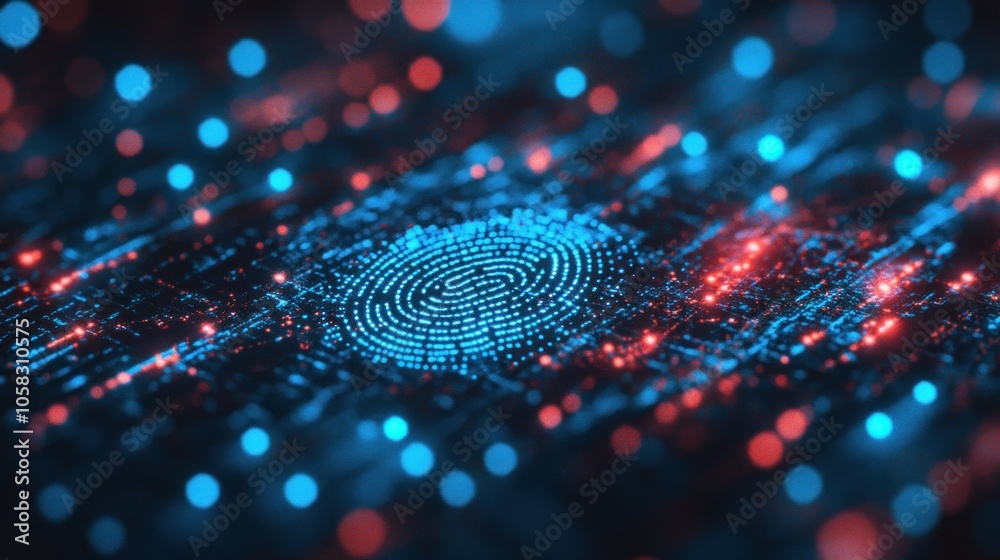 A digital fingerprint surrounded by glowing particles in blue and red hues. A digital fingerprint surrounded by glowing particles in blue and red hues.