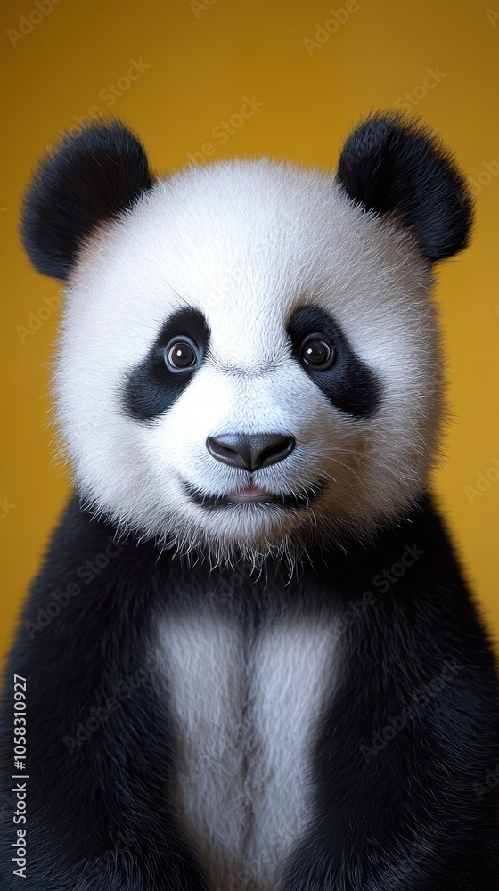Naklejka premium A cute panda with a friendly expression against a yellow background.