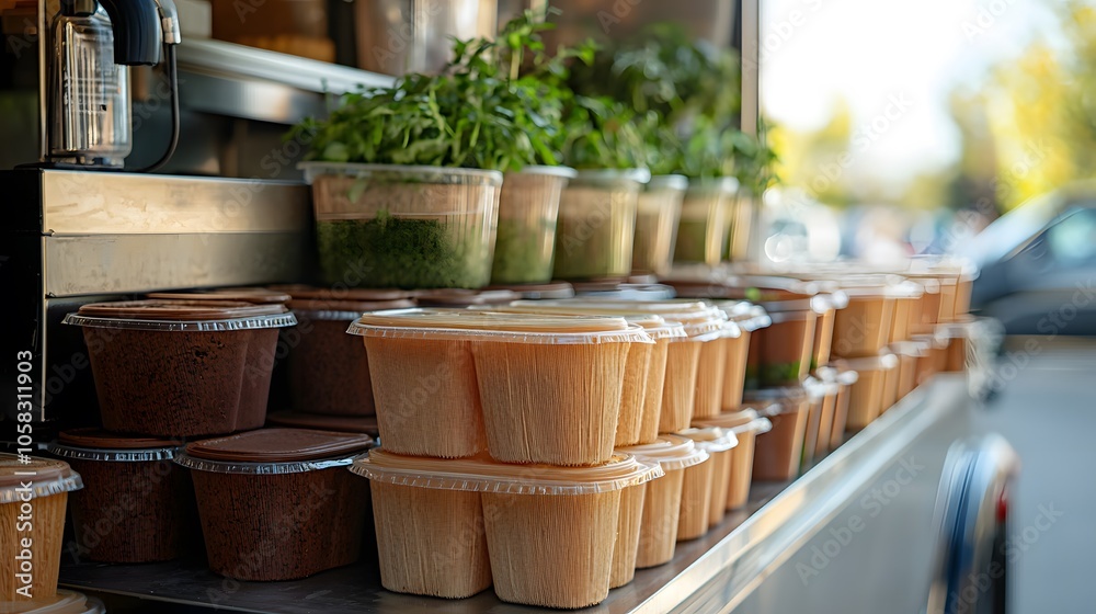 Fototapeta premium Eco-Friendly and Compostable Takeaway Containers on Display