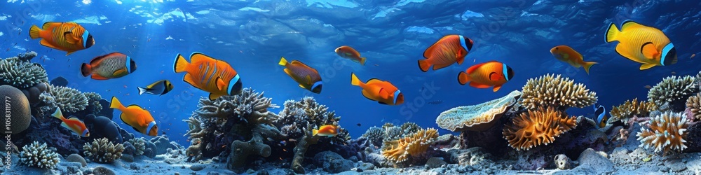 A diverse school of colorful butterflyfish swimming above a vibrant coral reef in clear tropical waters.


