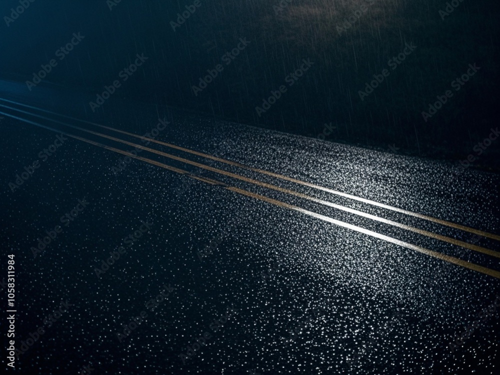 Raindrops fall on a black asphalt road at night reflecting city lights.