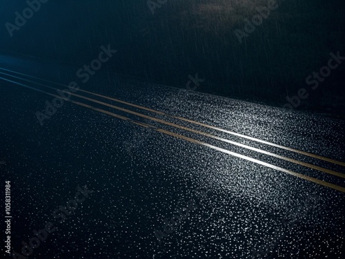 Obraz na płótnie Raindrops fall on a black asphalt road at night reflecting city lights. w salonie