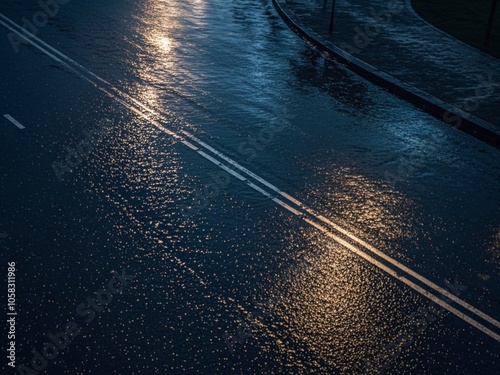 Obraz na płótnie Raindrops fall on a black asphalt road at night reflecting city lights. w salonie