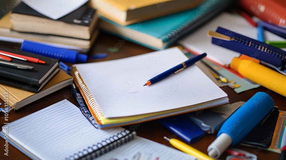 Notebooks and pens are scattered across the table, indicating active note-taking. Notebooks and pens are scattered across the table, indicating active note-taking.