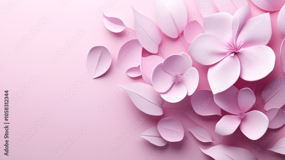 Delicate pink flowers and leaves arranged on a soft background.