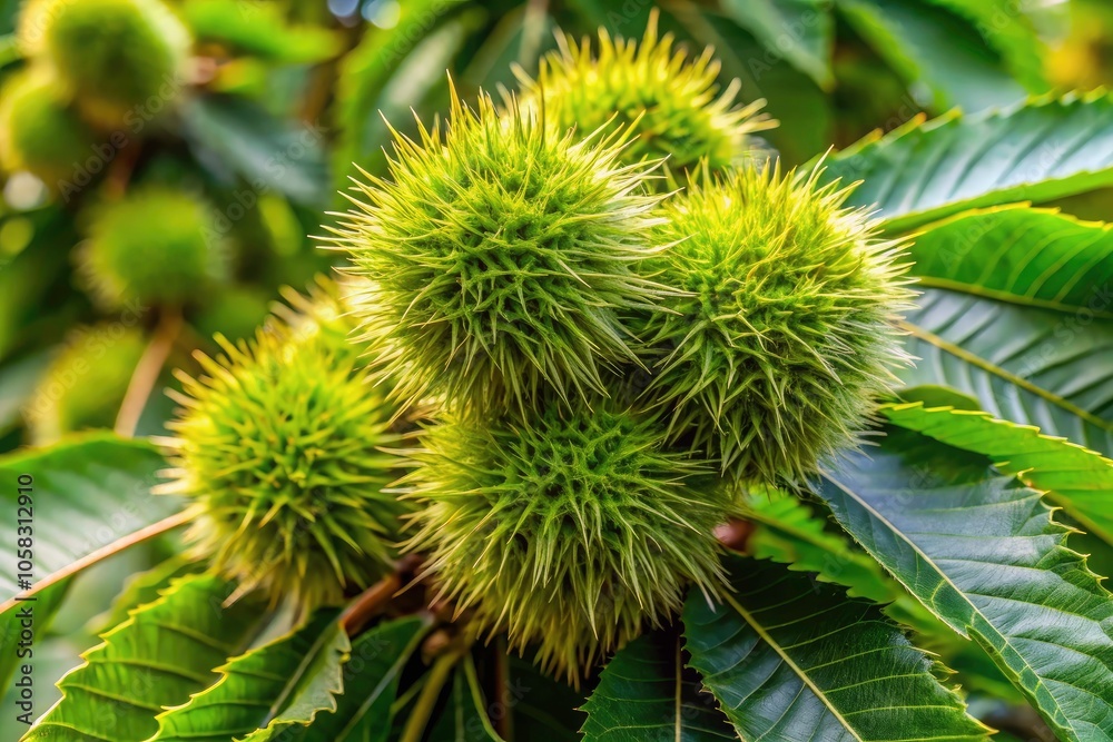 Closeup of Chestnut Tree Branch with Green Spiky Husks Among Lush Leaves - Macro Photography of Nature's Detail Closeup of Chestnut Tree Branch with Green Spiky Husks Among Lush Leaves - Macro Photography of Nature's Detail