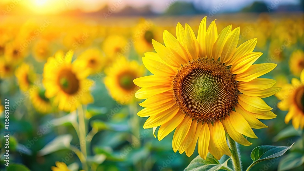 Close-up of bright yellow sunflower petals unfolding from a tall green stem in a field with soft focus background, texture, sunflowers, nature Close-up of bright yellow sunflower petals unfolding from a tall green stem in a field with soft focus background, texture, sunflowers, nature