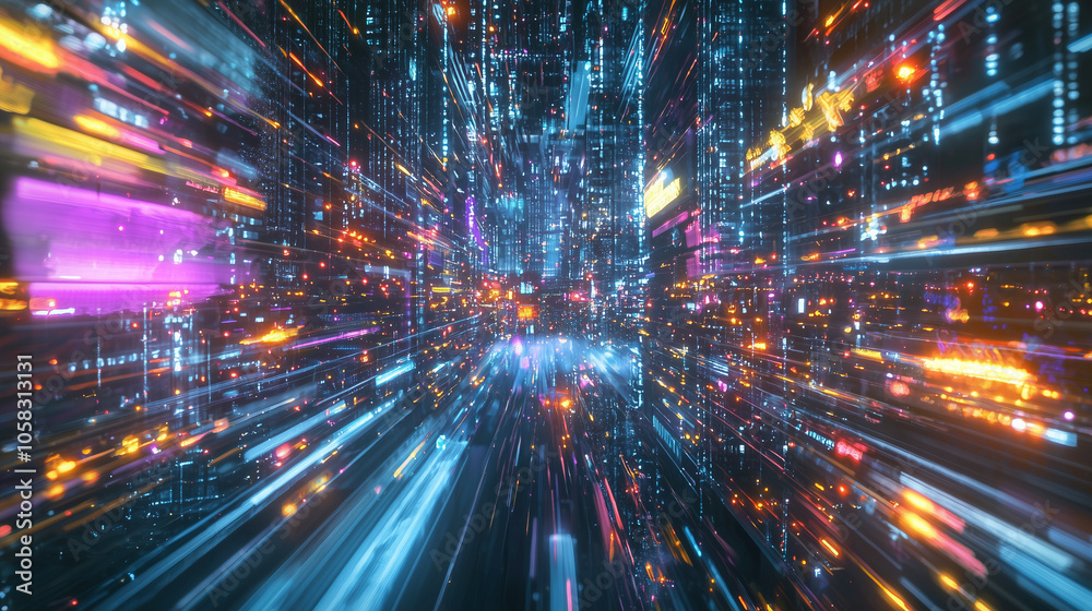 Vibrant futuristic cityscape with neon lights and motion blur, creating a sense of speed and digital energy Vibrant futuristic cityscape with neon lights and motion blur, creating a sense of speed and digital energy