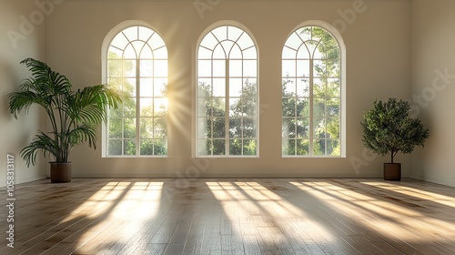 The room has large windows, allowing natural light to flood the space.