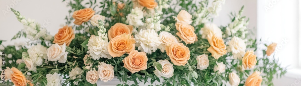 A bouquet of peach and white roses with greenery, creating a serene floral arrangement. A bouquet of peach and white roses with greenery, creating a serene floral arrangement.