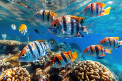 A school of colorful sergeant major fish swimming in crystal clear tropical water over a coral reef, displaying their distinctive black and yellow stripes.

 photo