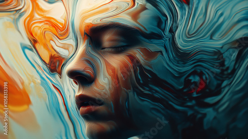 person face partially obscured by swirling colors, creating mesmerizing kaleidoscope effect. vibrant hues evoke sense of emotion and depth