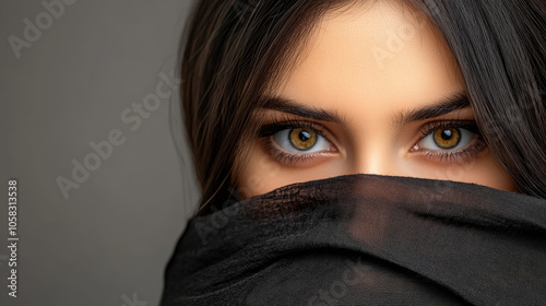 captivating portrait of woman with striking eyes partially obscured by black veil, evoking sense of mystery and allure