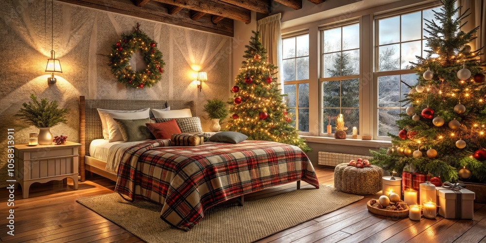 Cozy Bedroom with Christmas Tree, Soft Lighting, and Plaid Blankets for a Warm Holiday Atmosphere Cozy Bedroom with Christmas Tree, Soft Lighting, and Plaid Blankets for a Warm Holiday Atmosphere