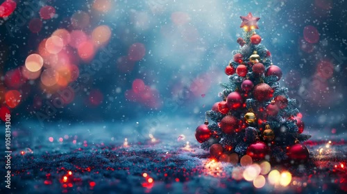Christmas Tree with Baubles and Blurred Shiny Lights on Snow Background at Night. Winter Abstract Landscape with Falling Snow