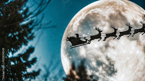 Santa's Sleigh Silhouette Under Full Moon