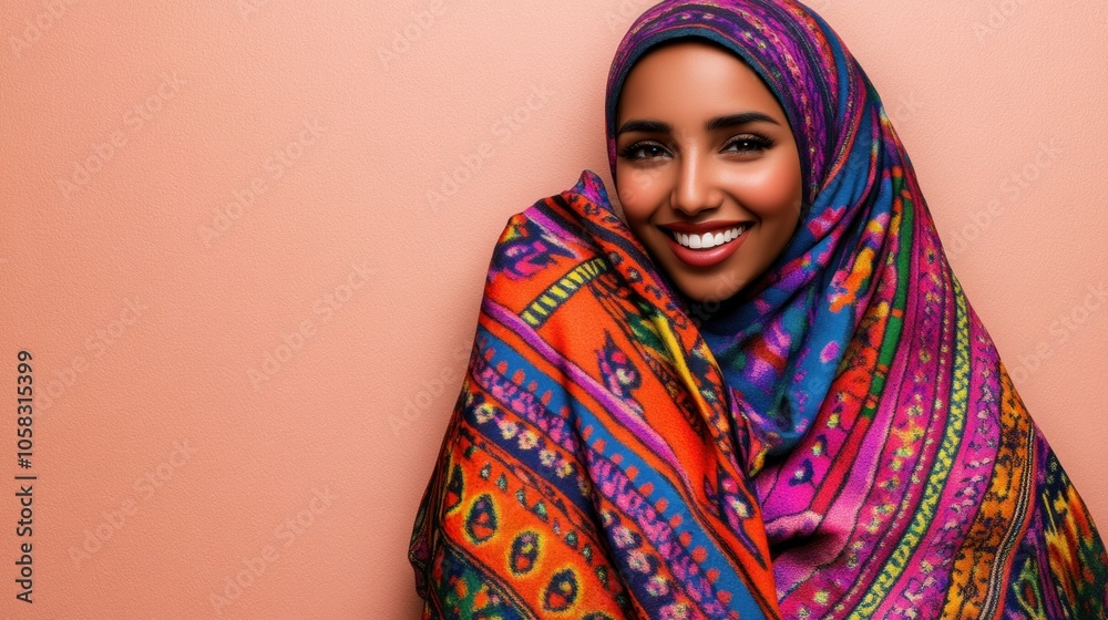 A smiling woman in a colorful hijab against a pastel background. A smiling woman in a colorful hijab against a pastel background.