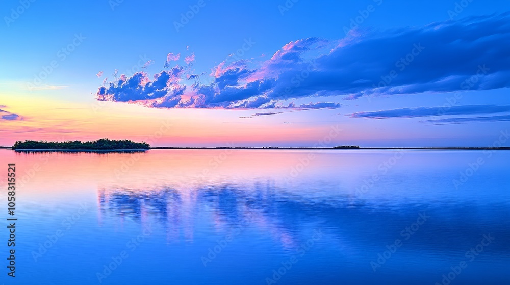 Fototapeta premium A serene sunset over a calm lake, reflecting vibrant colors and clouds in the sky.