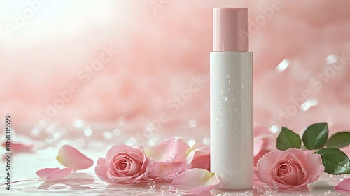 Rose Beauty Elixir:  A luxurious, white bottle of rose-infused beauty product sits amidst delicate pink rose petals and a soft, romantic background. Perfect for skincare, cosmetics, and beauty brands.