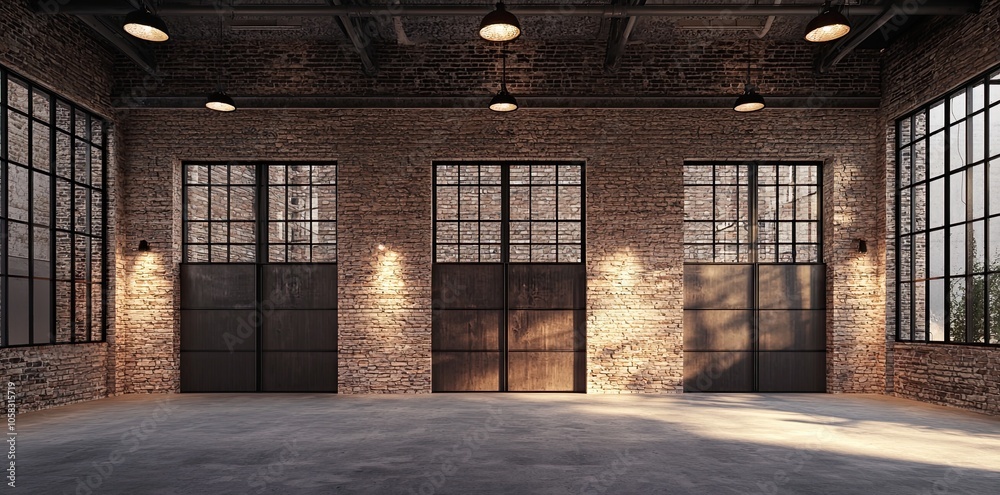 A large, empty industrial warehouse with three tall windows on the right side of an old brick wall, and two doors in the front. The walls have concrete panels painted black. There is no furniture insi A large, empty industrial warehouse with three tall windows on the right side of an old brick wall, and two doors in the front. The walls have concrete panels painted black. There is no furniture insi