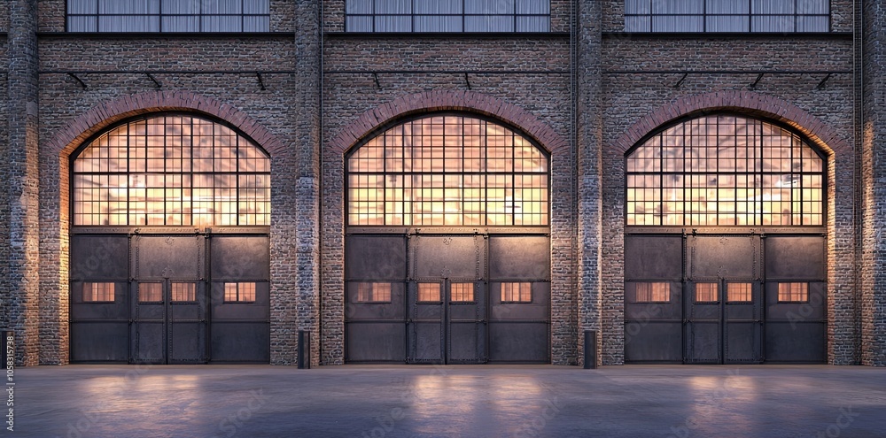 A large, empty industrial warehouse with three tall windows on the right side of an old brick wall, and two doors in the front. The walls have concrete panels painted black. There is no furniture insi A large, empty industrial warehouse with three tall windows on the right side of an old brick wall, and two doors in the front. The walls have concrete panels painted black. There is no furniture insi