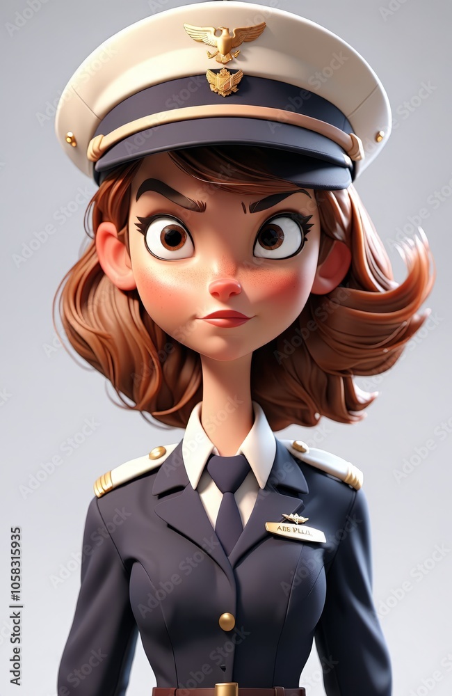 Animated female pilot character in navy uniform with determined expression Animated female pilot character in navy uniform with determined expression