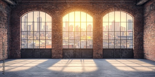 A large, empty industrial warehouse with three tall windows on the right side of an old brick wall, and two doors in the front. The walls have concrete panels painted black. There is no furniture insi