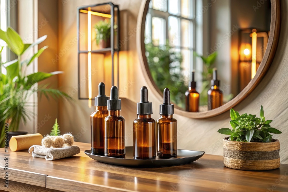 Elegant Architectural Photography of Natural Essential Oils in Brown Bottles Near a Mirror, Capturing Serenity and Wellness in a Stylish Interior Setting Elegant Architectural Photography of Natural Essential Oils in Brown Bottles Near a Mirror, Capturing Serenity and Wellness in a Stylish Interior Setting