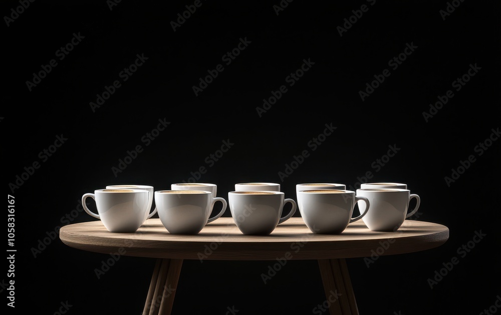 A refined studio photograph featuring an array of coffee cups on a small round wooden table, set against a deep dark background. A refined studio photograph featuring an array of coffee cups on a small round wooden table, set against a deep dark background.