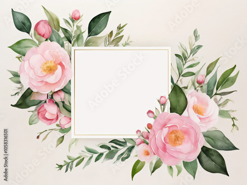 A blank wedding invitation adorned with a watercolor floral frame