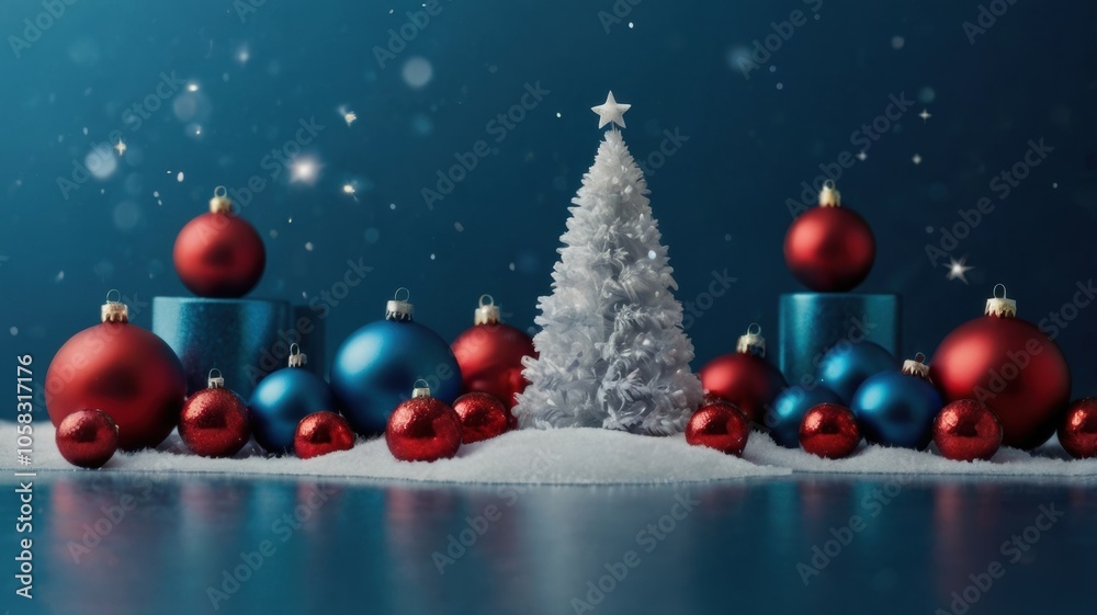 Obraz premium A Christmas tree is surrounded by many red and blue ornaments