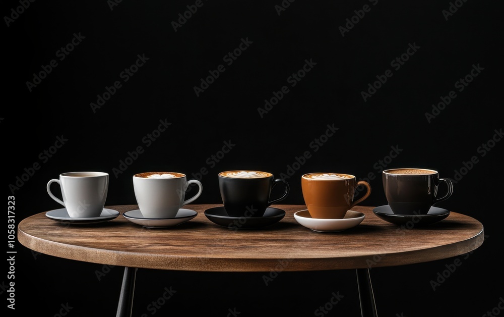 An artistic studio shot of coffee displayed in different cups on a small round wooden table, against a rich dark background. An artistic studio shot of coffee displayed in different cups on a small round wooden table, against a rich dark background.