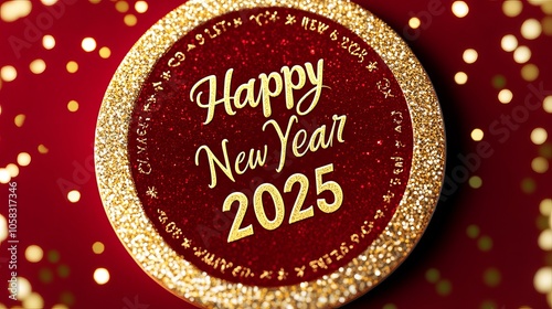 A Happy New Year sticker with a red background, featuring gold foil text that reads 