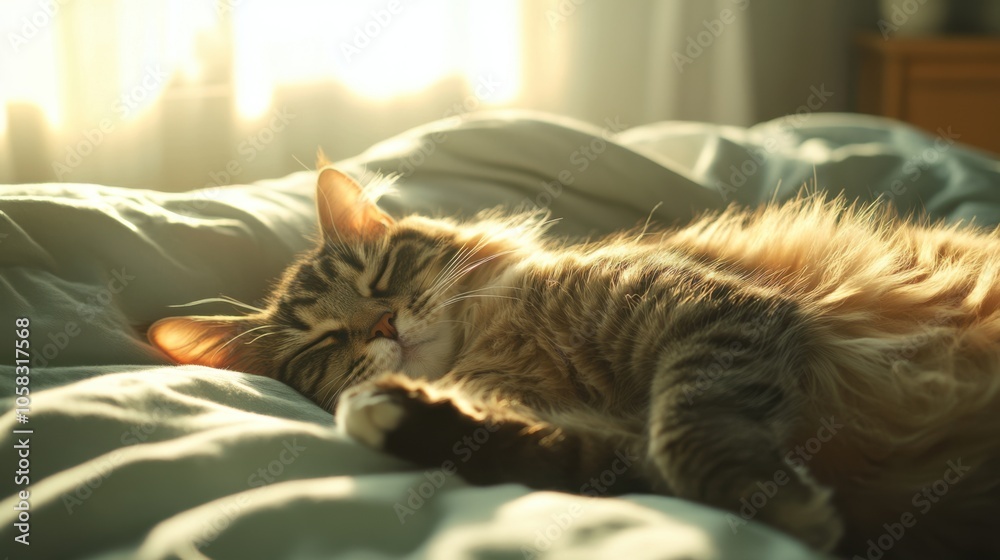 A fluffy cat sleeping peacefully on a cozy bed, the sunlight A fluffy cat sleeping peacefully on a cozy bed, the sunlight