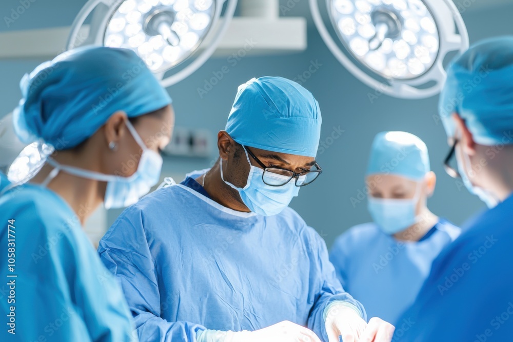team of surgeons in blue scrubs and masks performing surgery in operating room, focused and professional team of surgeons in blue scrubs and masks performing surgery in operating room, focused and professional