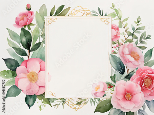 Wedding invitation featuring soft watercolor flower border.